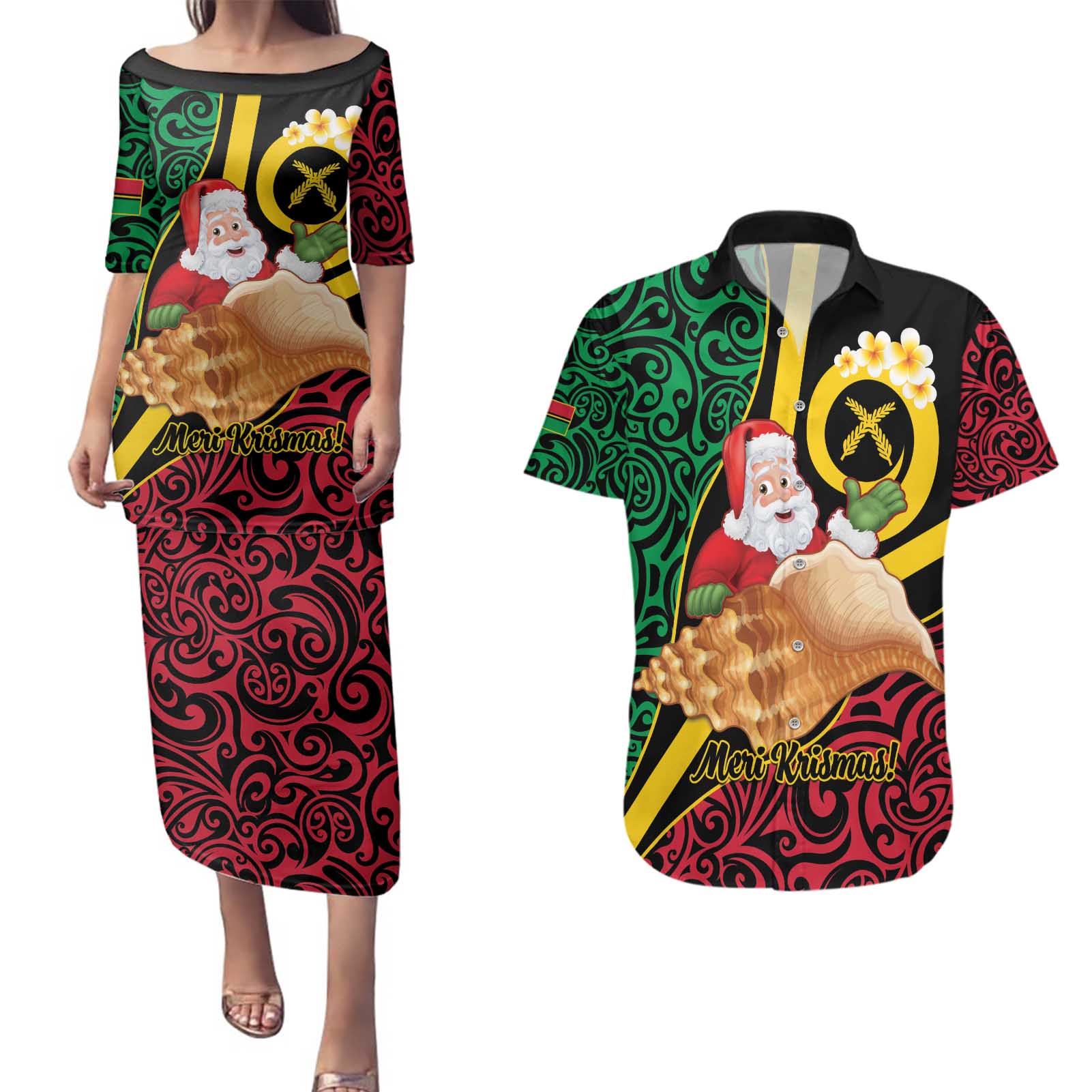 Vanuatu Christmas Couples Matching Puletasi and Hawaiian Shirt Vanuatuan Conch Shell - Meri Krismas!