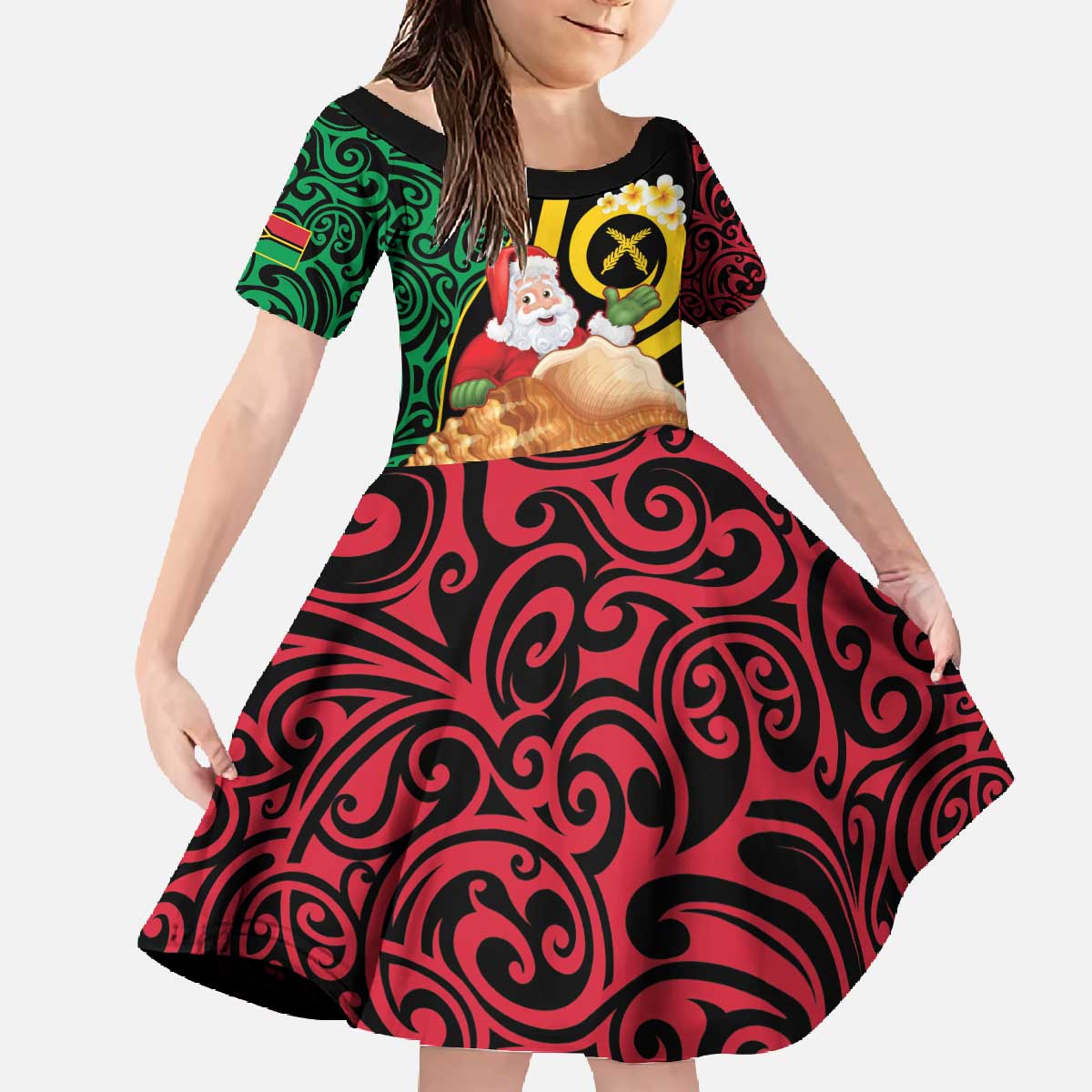 Vanuatu Christmas Family Matching Off The Shoulder Long Sleeve Dress and Hawaiian Shirt Vanuatuan Conch Shell - Meri Krismas! LT14 Daughter's Dress Black - Polynesian Pride