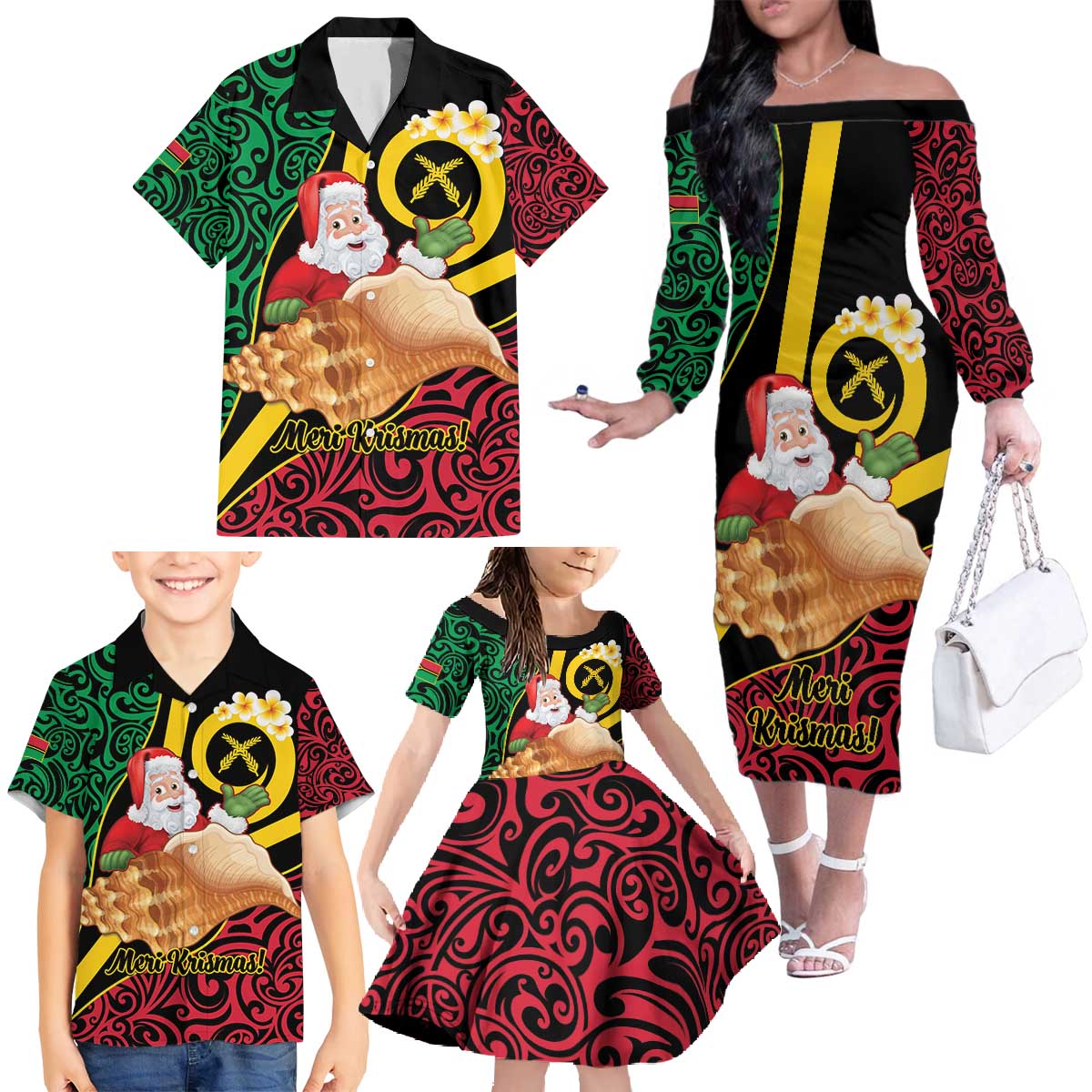 Vanuatu Christmas Family Matching Off The Shoulder Long Sleeve Dress and Hawaiian Shirt Vanuatuan Conch Shell - Meri Krismas! LT14 - Polynesian Pride