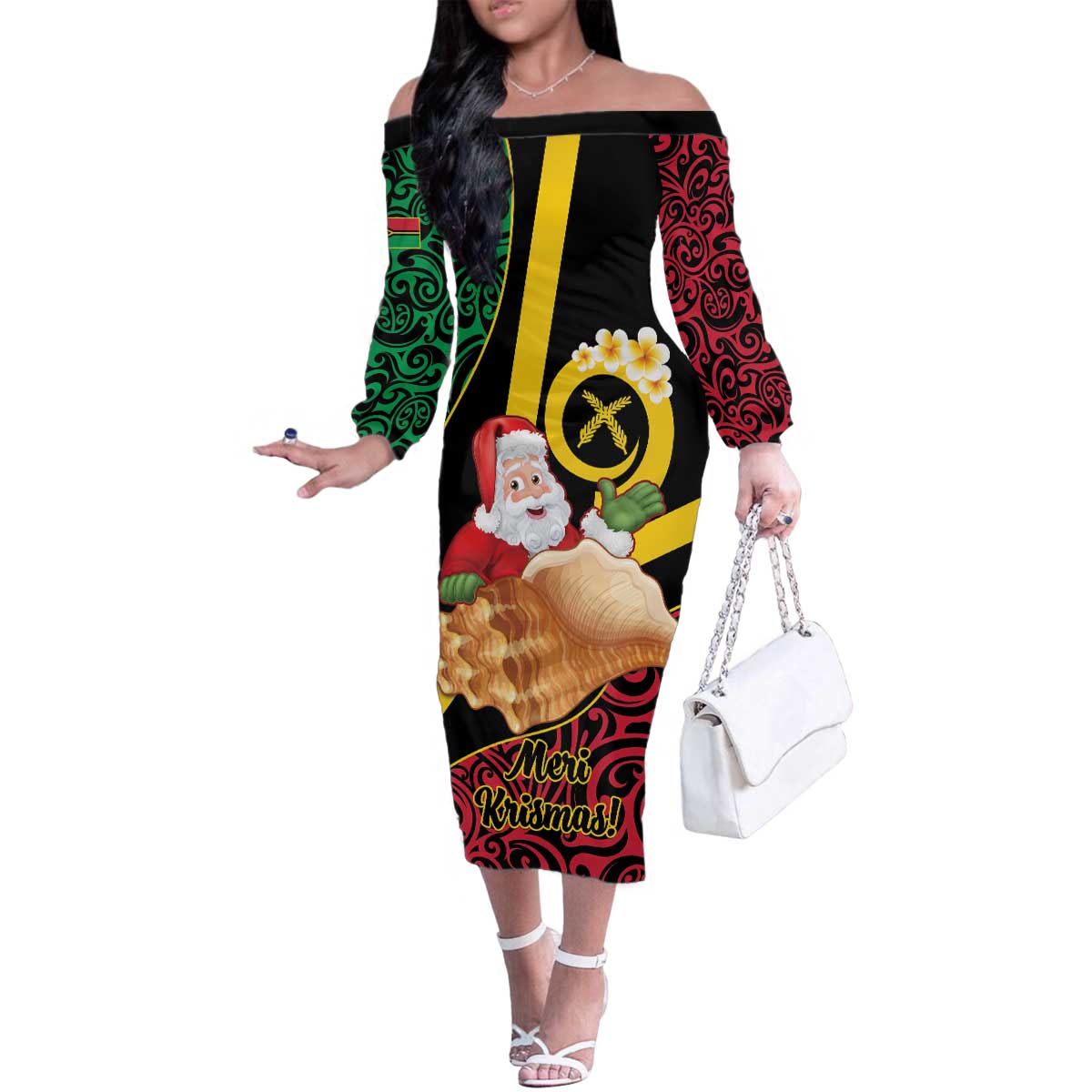 Vanuatu Christmas Family Matching Off The Shoulder Long Sleeve Dress and Hawaiian Shirt Vanuatuan Conch Shell - Meri Krismas! LT14 Mom's Dress Black - Polynesian Pride