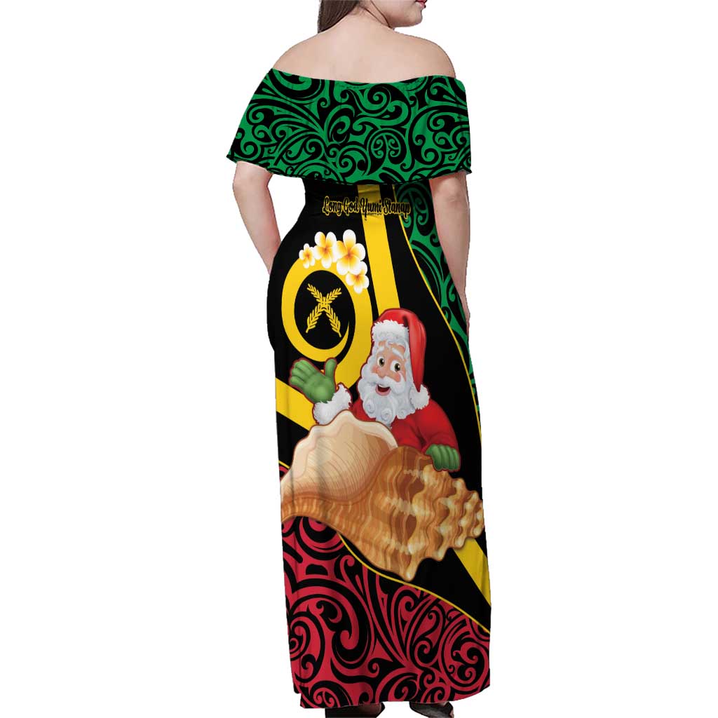 Vanuatu Christmas Family Matching Off Shoulder Maxi Dress and Hawaiian Shirt Vanuatuan Conch Shell - Meri Krismas!