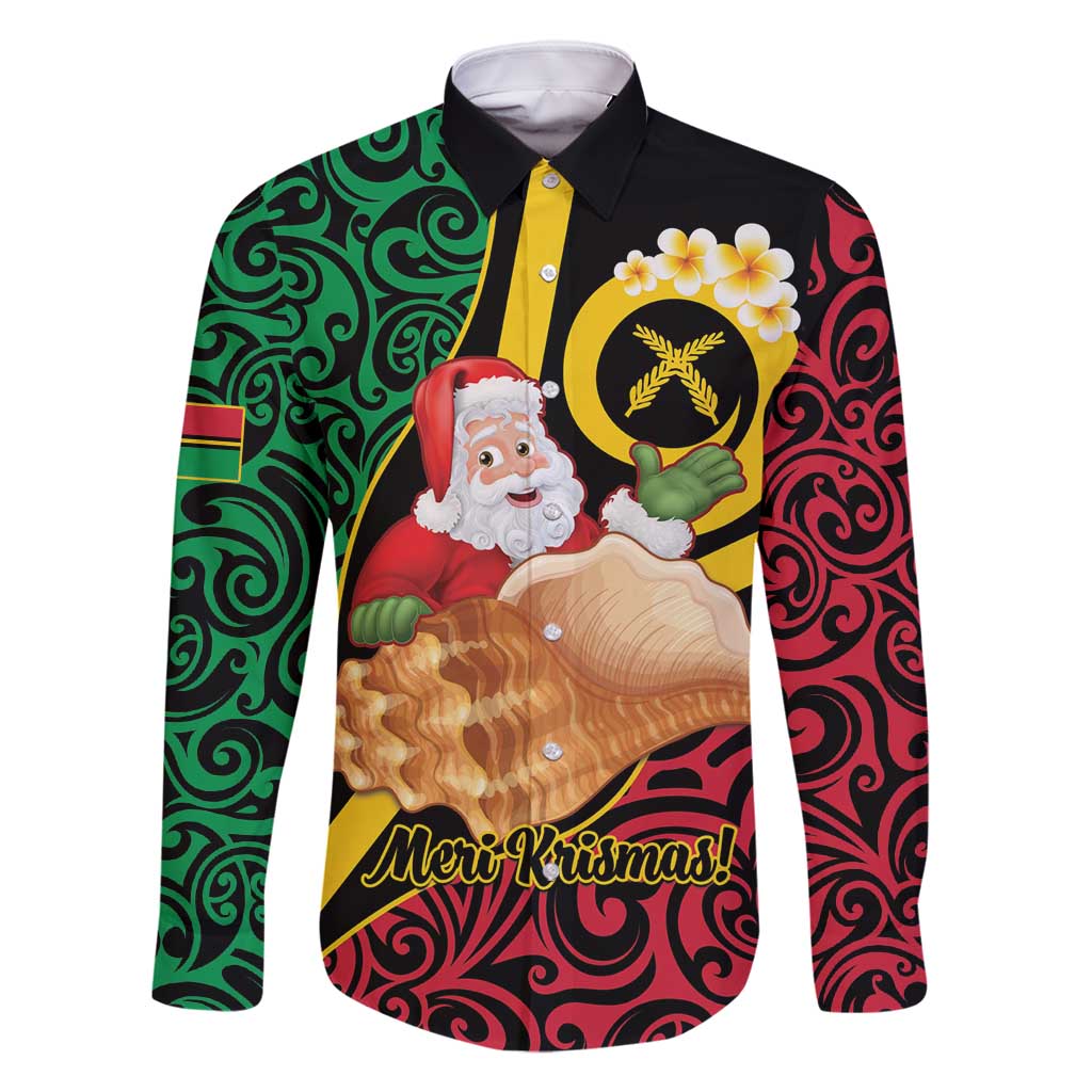 Vanuatu Christmas Family Matching Tank Maxi Dress and Hawaiian Shirt Vanuatuan Conch Shell - Meri Krismas! LT14 Dad's Shirt - Long Sleeve Black - Polynesian Pride