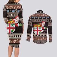 Fiji Christmas Couples Matching Long Sleeve Bodycon Dress and Long Sleeve Button Shirt Fijian Masi Marau na Kerisimasi! - Brown LT14 - Polynesian Pride