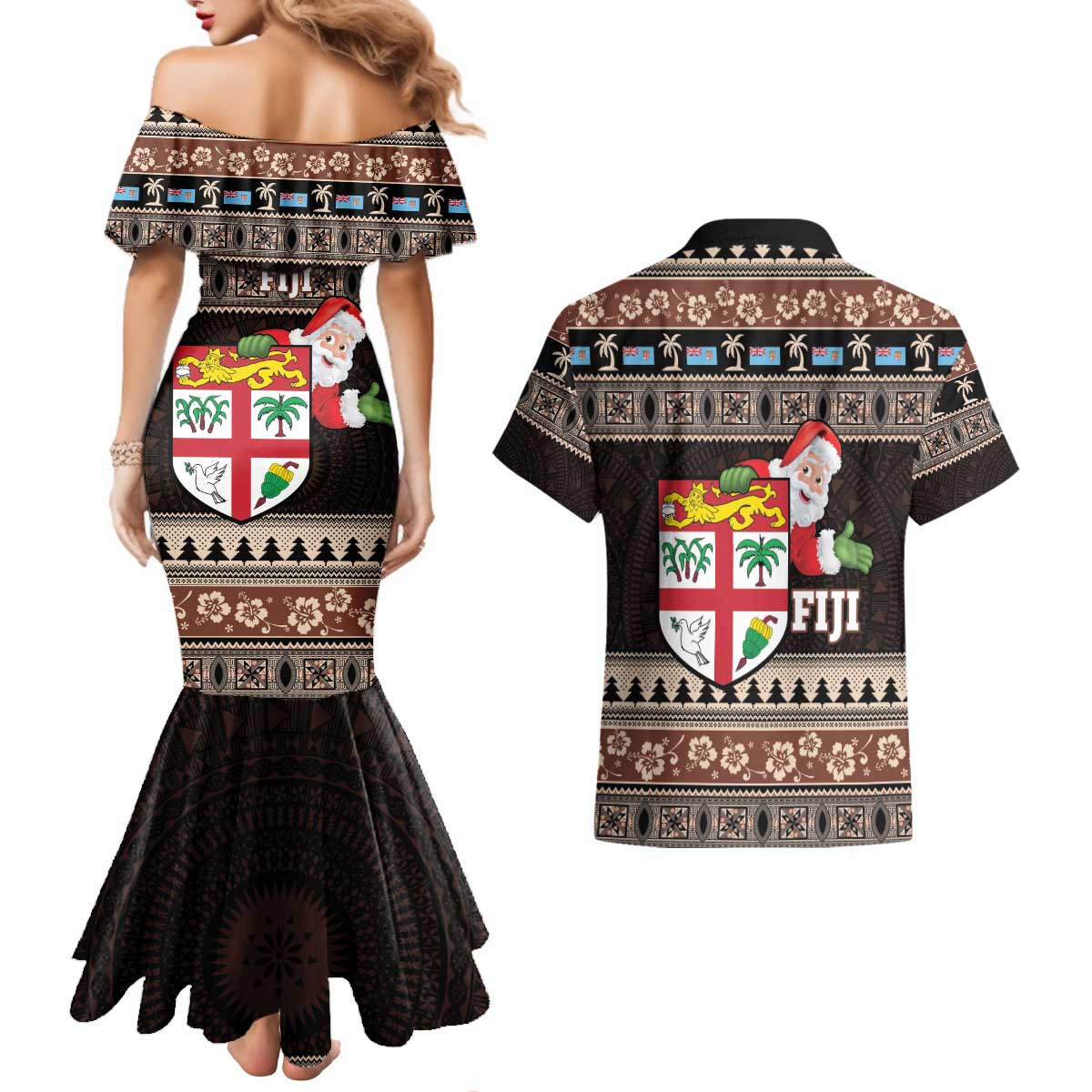 Fiji Christmas Couples Matching Mermaid Dress and Hawaiian Shirt Fijian Masi Marau na Kerisimasi! - Brown LT14 - Polynesian Pride