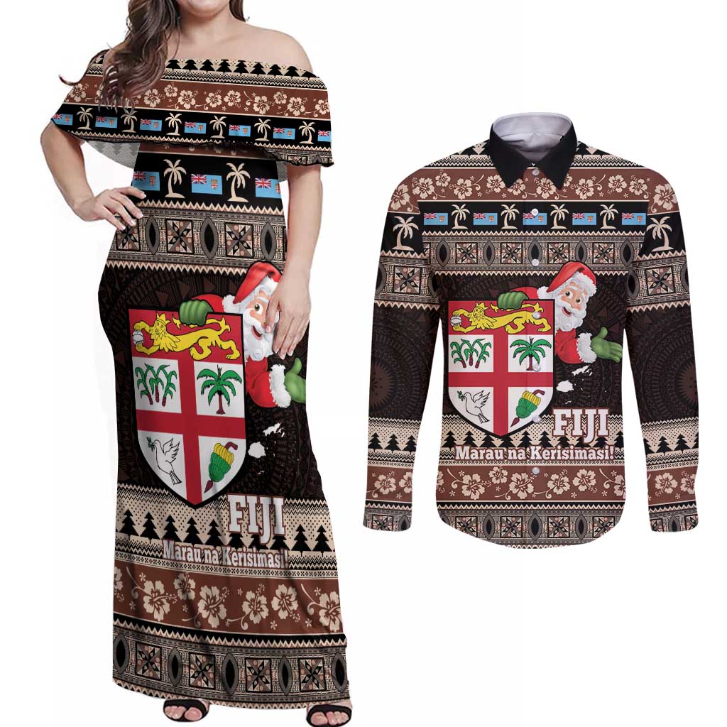 Fiji Christmas Couples Matching Off Shoulder Maxi Dress and Long Sleeve Button Shirt Fijian Masi Marau na Kerisimasi! - Brown LT14 Brown - Polynesian Pride