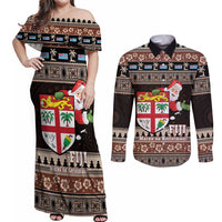 Fiji Christmas Couples Matching Off Shoulder Maxi Dress and Long Sleeve Button Shirt Fijian Masi Marau na Kerisimasi! - Brown LT14 Brown - Polynesian Pride