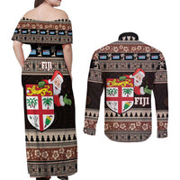 Fiji Christmas Couples Matching Off Shoulder Maxi Dress and Long Sleeve Button Shirt Fijian Masi Marau na Kerisimasi! - Brown LT14 - Polynesian Pride
