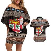 Fiji Christmas Couples Matching Off Shoulder Short Dress and Hawaiian Shirt Fijian Masi Marau na Kerisimasi! - Brown LT14 Brown - Polynesian Pride