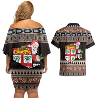 Fiji Christmas Couples Matching Off Shoulder Short Dress and Hawaiian Shirt Fijian Masi Marau na Kerisimasi! - Brown LT14 - Polynesian Pride