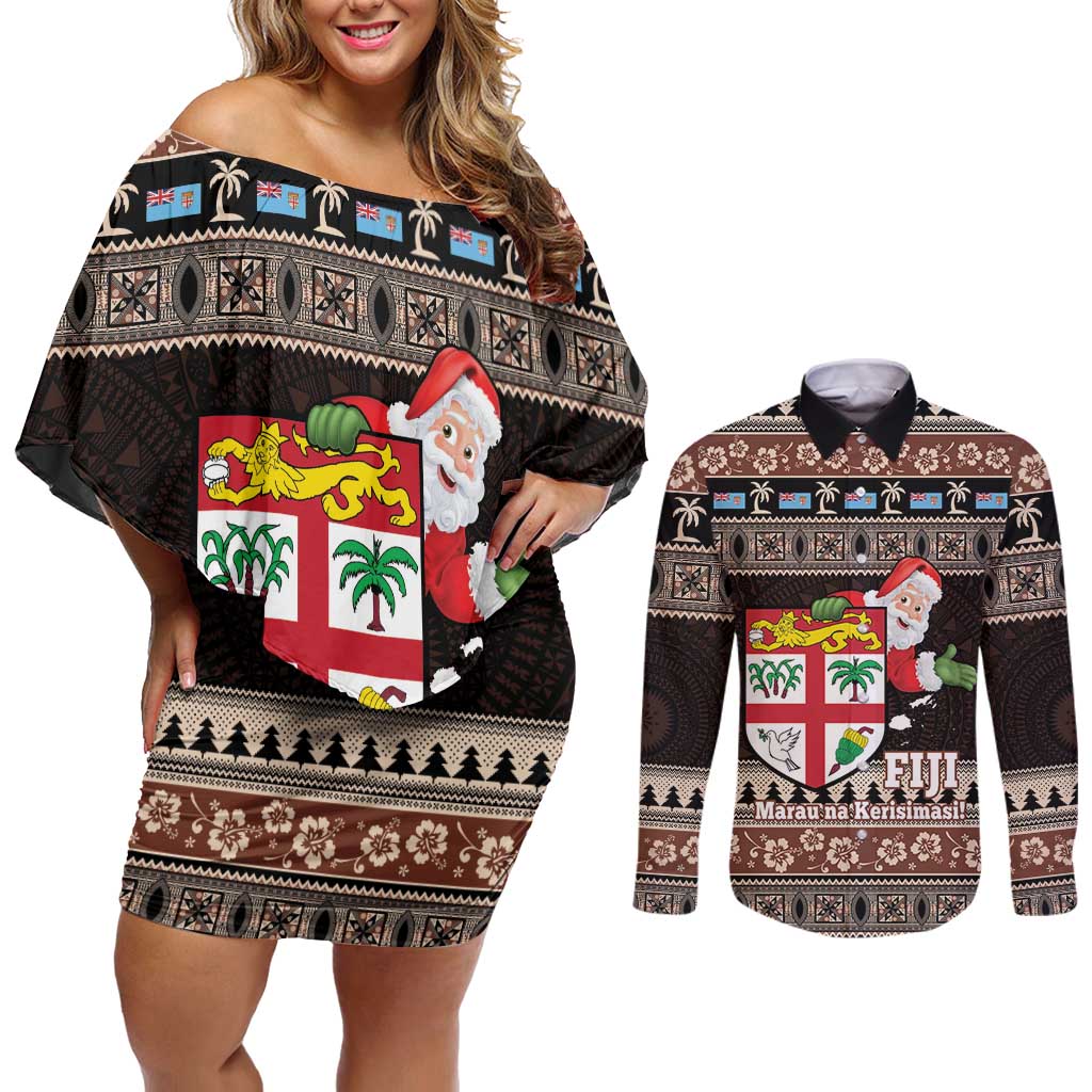 Fiji Christmas Couples Matching Off Shoulder Short Dress and Long Sleeve Button Shirt Fijian Masi Marau na Kerisimasi! - Brown LT14 Brown - Polynesian Pride