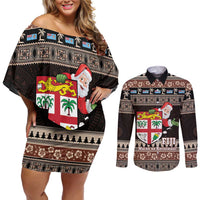 Fiji Christmas Couples Matching Off Shoulder Short Dress and Long Sleeve Button Shirt Fijian Masi Marau na Kerisimasi! - Brown LT14 Brown - Polynesian Pride
