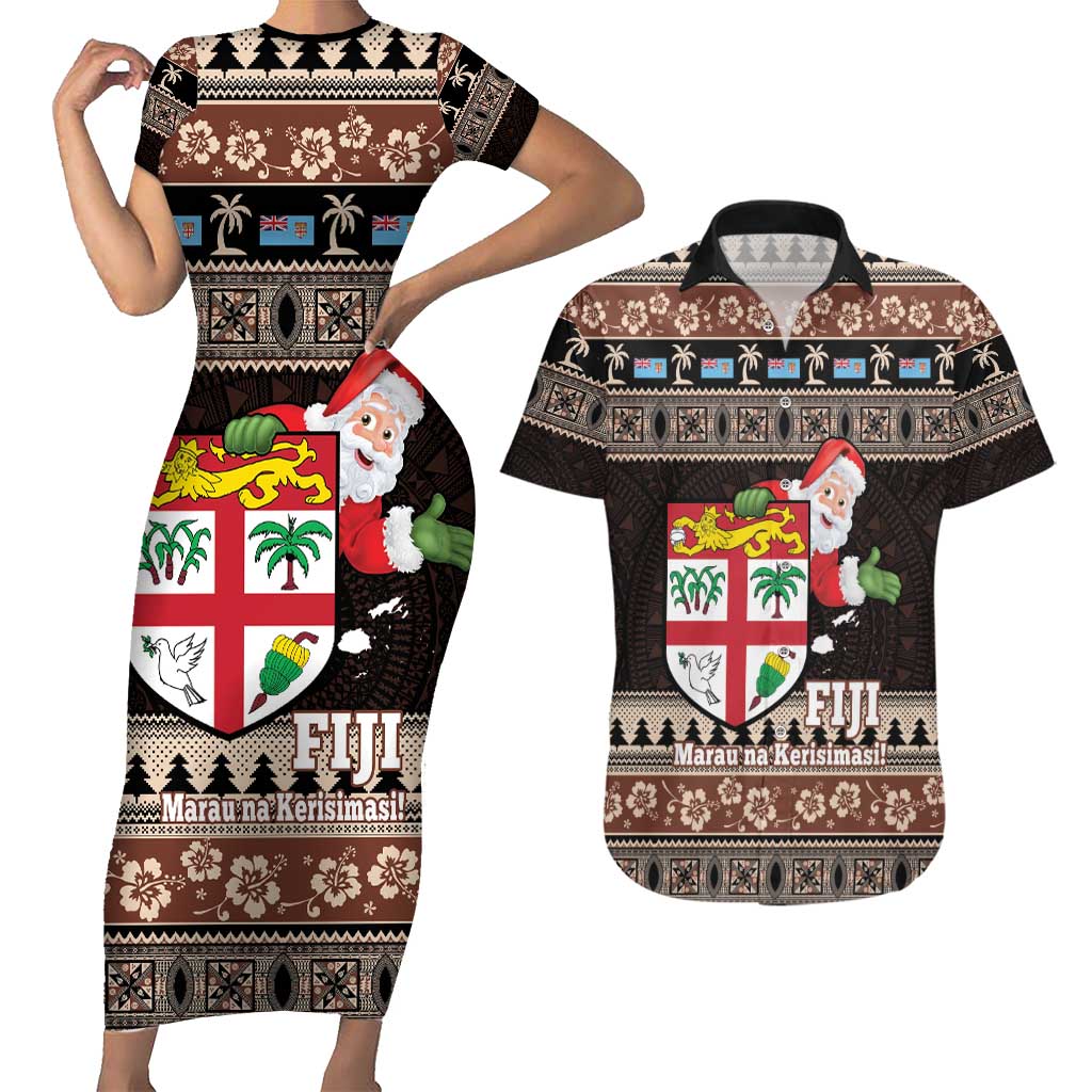 Fiji Christmas Couples Matching Short Sleeve Bodycon Dress and Hawaiian Shirt Fijian Masi Marau na Kerisimasi! - Brown LT14 Brown - Polynesian Pride