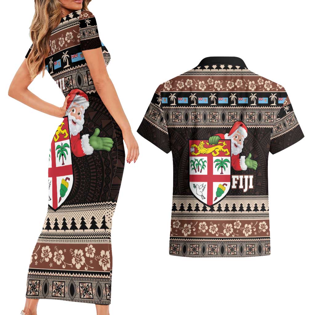 Fiji Christmas Couples Matching Short Sleeve Bodycon Dress and Hawaiian Shirt Fijian Masi Marau na Kerisimasi! - Brown LT14 - Polynesian Pride
