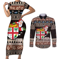 Fiji Christmas Couples Matching Short Sleeve Bodycon Dress and Long Sleeve Button Shirt Fijian Masi Marau na Kerisimasi! - Brown LT14 Brown - Polynesian Pride