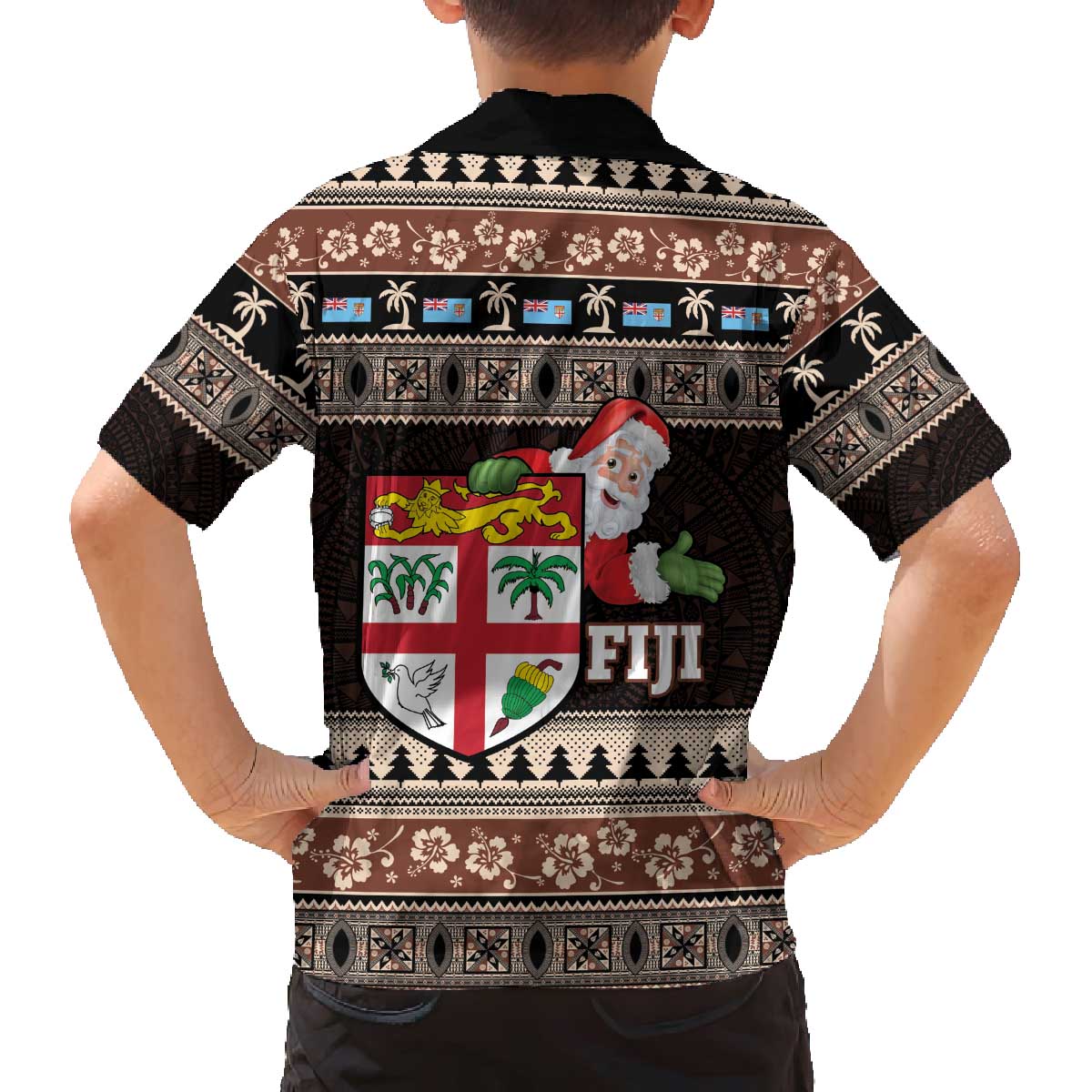 Fiji Christmas Family Matching Off The Shoulder Long Sleeve Dress and Hawaiian Shirt Fijian Masi Marau na Kerisimasi! - Brown LT14 - Polynesian Pride