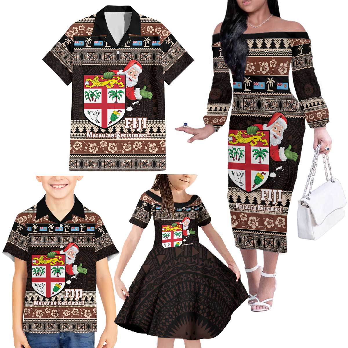 Fiji Christmas Family Matching Off The Shoulder Long Sleeve Dress and Hawaiian Shirt Fijian Masi Marau na Kerisimasi! - Brown LT14 - Polynesian Pride