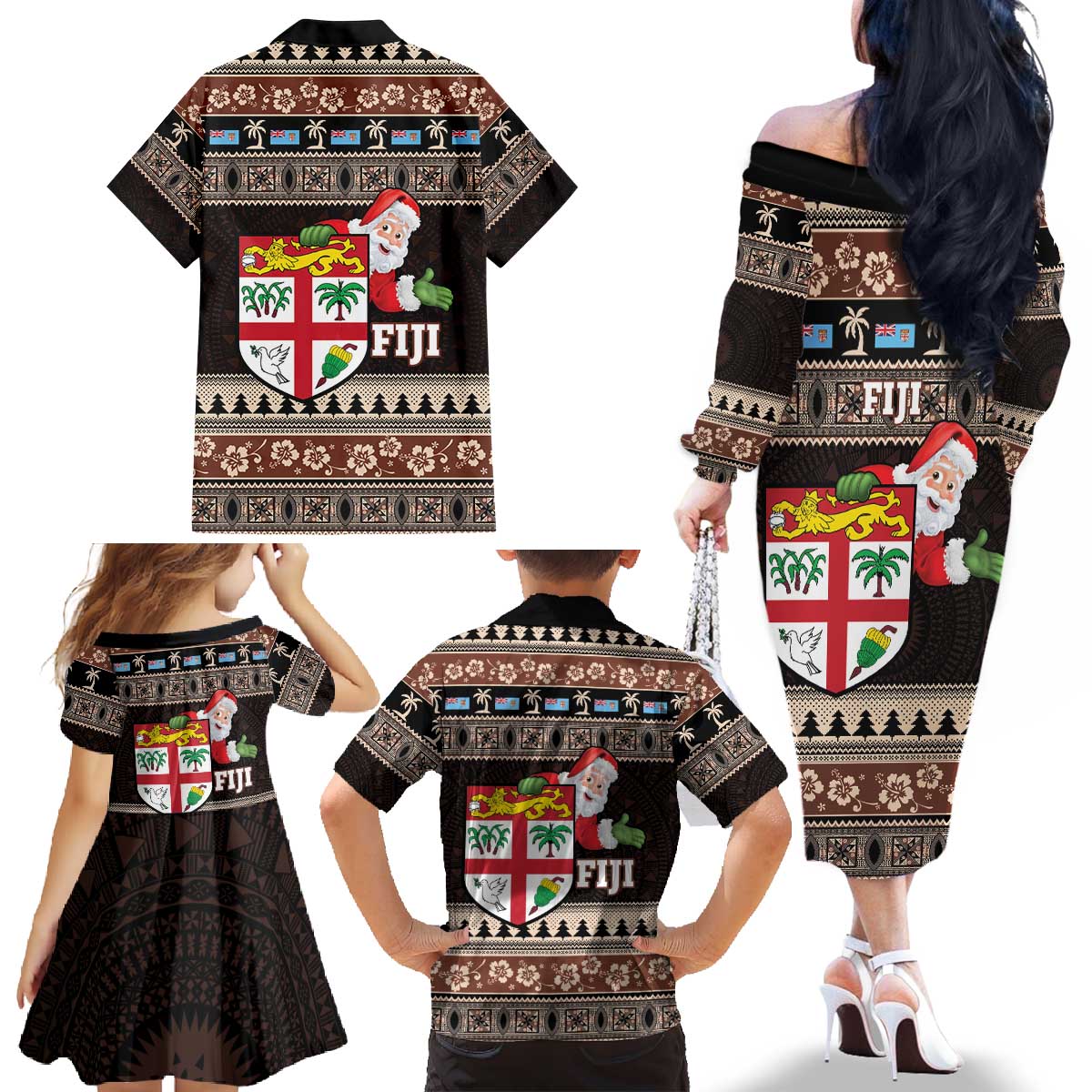 Fiji Christmas Family Matching Off The Shoulder Long Sleeve Dress and Hawaiian Shirt Fijian Masi Marau na Kerisimasi! - Brown LT14 - Polynesian Pride