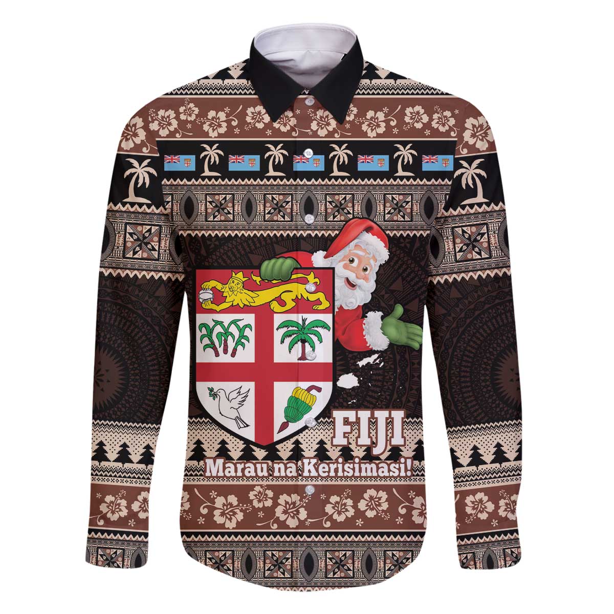 Fiji Christmas Family Matching Off The Shoulder Long Sleeve Dress and Hawaiian Shirt Fijian Masi Marau na Kerisimasi! - Brown LT14 Dad's Shirt - Long Sleeve Brown - Polynesian Pride