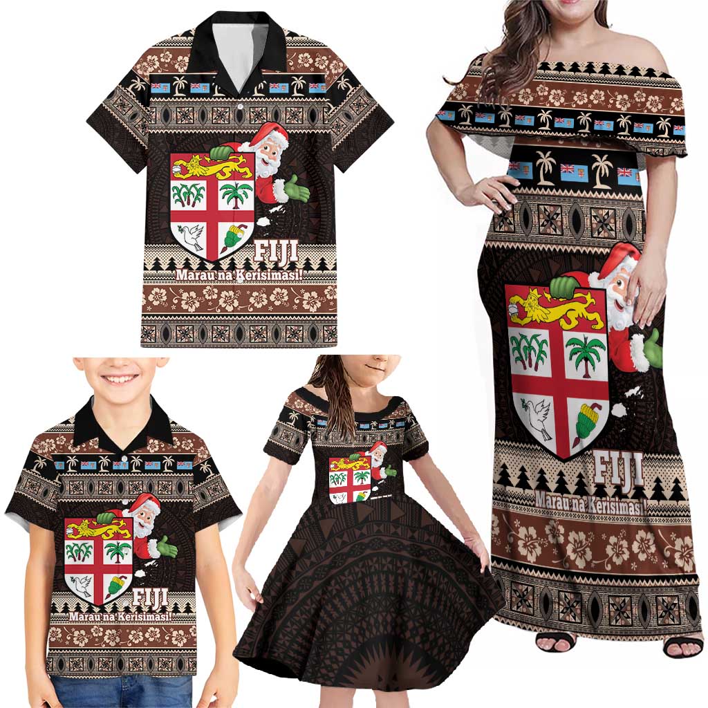 Fiji Christmas Family Matching Off Shoulder Maxi Dress and Hawaiian Shirt Fijian Masi Marau na Kerisimasi! - Brown LT14 - Polynesian Pride