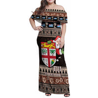 Fiji Christmas Family Matching Off Shoulder Maxi Dress and Hawaiian Shirt Fijian Masi Marau na Kerisimasi! - Brown LT14 Mom's Dress Brown - Polynesian Pride