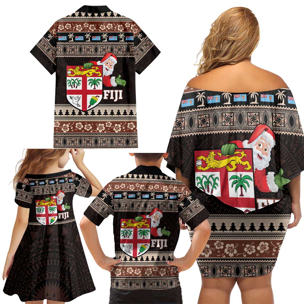 Fiji Christmas Family Matching Off Shoulder Short Dress and Hawaiian Shirt Fijian Masi Marau na Kerisimasi! - Brown LT14 - Polynesian Pride