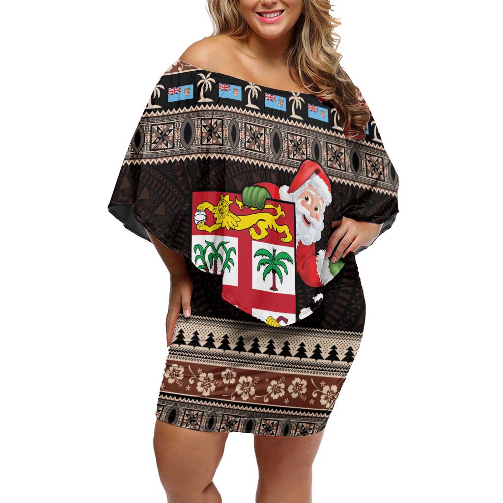 Fiji Christmas Family Matching Off Shoulder Short Dress and Hawaiian Shirt Fijian Masi Marau na Kerisimasi! - Brown LT14 Mom's Dress Brown - Polynesian Pride
