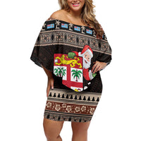 Fiji Christmas Family Matching Off Shoulder Short Dress and Hawaiian Shirt Fijian Masi Marau na Kerisimasi! - Brown LT14 Mom's Dress Brown - Polynesian Pride