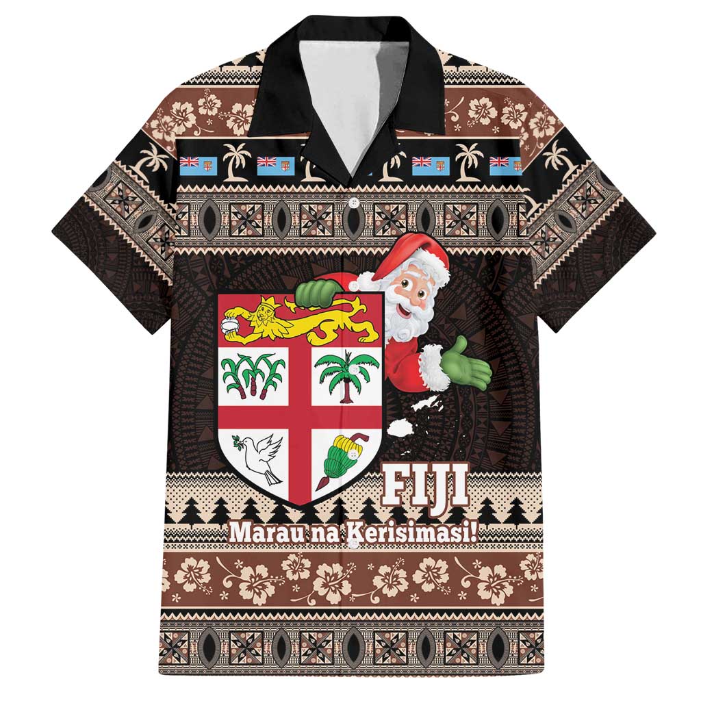 Fiji Christmas Family Matching Puletasi and Hawaiian Shirt Fijian Masi Marau na Kerisimasi! - Brown LT14 Dad's Shirt - Short Sleeve Brown - Polynesian Pride