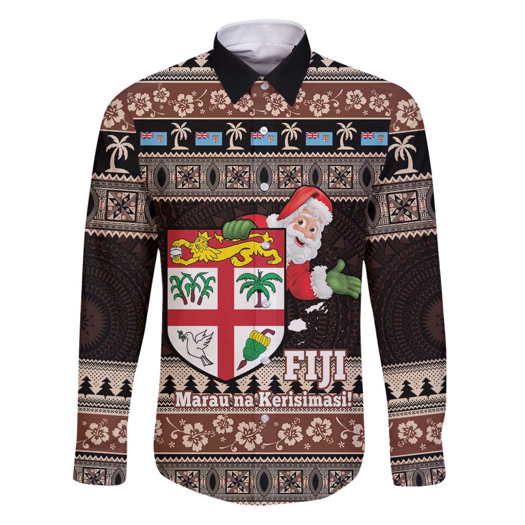 Fiji Christmas Family Matching Puletasi and Hawaiian Shirt Fijian Masi Marau na Kerisimasi! - Brown LT14 Dad's Shirt - Long Sleeve Brown - Polynesian Pride