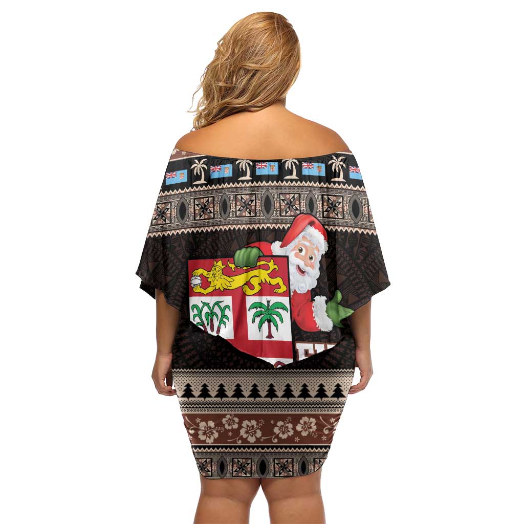 Fiji Christmas Off Shoulder Short Dress Fijian Masi Marau na Kerisimasi! - Brown