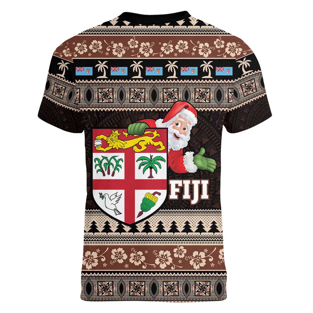 Fiji Christmas Women V-Neck T-Shirt Fijian Masi Marau na Kerisimasi! - Brown