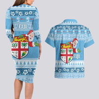 Fiji Christmas Couples Matching Long Sleeve Bodycon Dress and Hawaiian Shirt Fijian Masi Marau na Kerisimasi! - Blue LT14 - Polynesian Pride