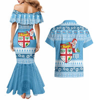 Fiji Christmas Couples Matching Mermaid Dress and Hawaiian Shirt Fijian Masi Marau na Kerisimasi! - Blue LT14 - Polynesian Pride