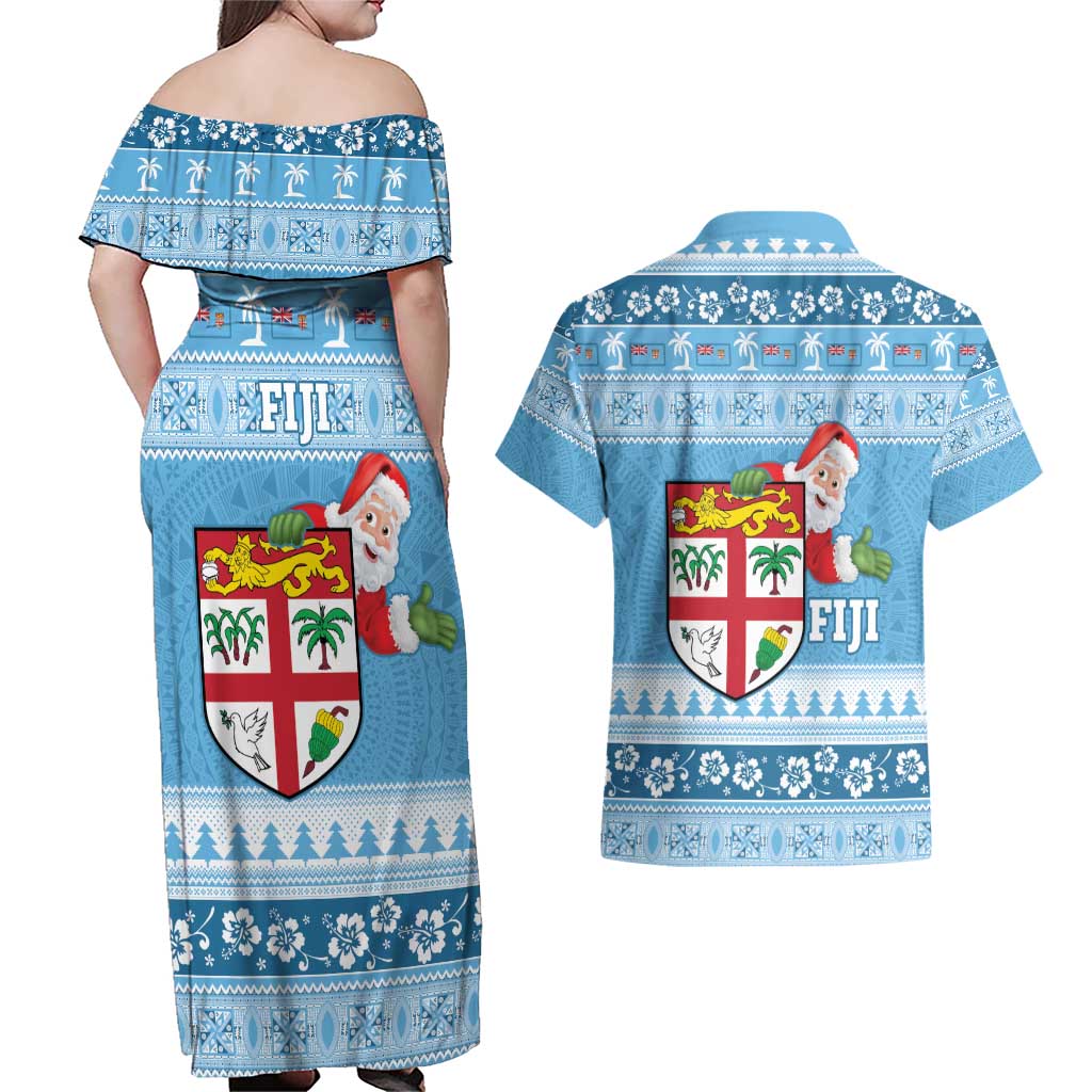 Fiji Christmas Couples Matching Off Shoulder Maxi Dress and Hawaiian Shirt Fijian Masi Marau na Kerisimasi! - Blue LT14 - Polynesian Pride