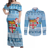 Fiji Christmas Couples Matching Off Shoulder Maxi Dress and Long Sleeve Button Shirt Fijian Masi Marau na Kerisimasi! - Blue LT14 Blue - Polynesian Pride