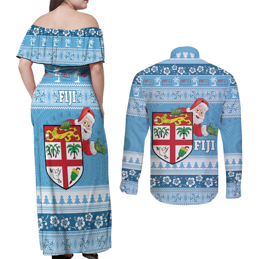 Fiji Christmas Couples Matching Off Shoulder Maxi Dress and Long Sleeve Button Shirt Fijian Masi Marau na Kerisimasi! - Blue LT14 - Polynesian Pride