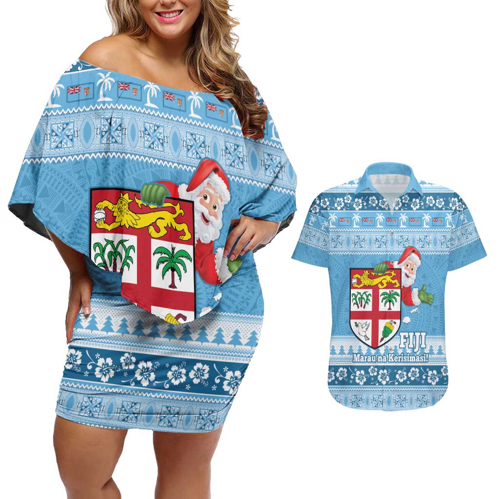 Fiji Christmas Couples Matching Off Shoulder Short Dress and Hawaiian Shirt Fijian Masi Marau na Kerisimasi! - Blue LT14 Blue - Polynesian Pride