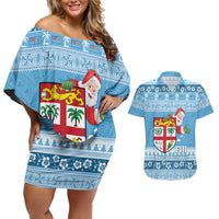Fiji Christmas Couples Matching Off Shoulder Short Dress and Hawaiian Shirt Fijian Masi Marau na Kerisimasi! - Blue LT14 Blue - Polynesian Pride