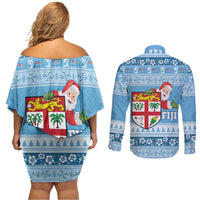 Fiji Christmas Couples Matching Off Shoulder Short Dress and Long Sleeve Button Shirt Fijian Masi Marau na Kerisimasi! - Blue LT14 - Polynesian Pride