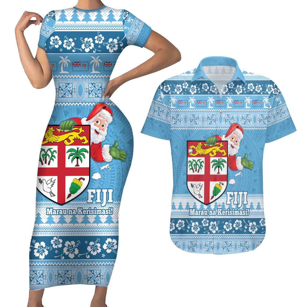 Fiji Christmas Couples Matching Short Sleeve Bodycon Dress and Hawaiian Shirt Fijian Masi Marau na Kerisimasi! - Blue LT14 Blue - Polynesian Pride