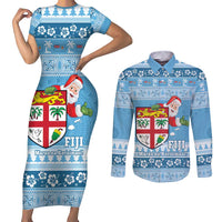 Fiji Christmas Couples Matching Short Sleeve Bodycon Dress and Long Sleeve Button Shirt Fijian Masi Marau na Kerisimasi! - Blue