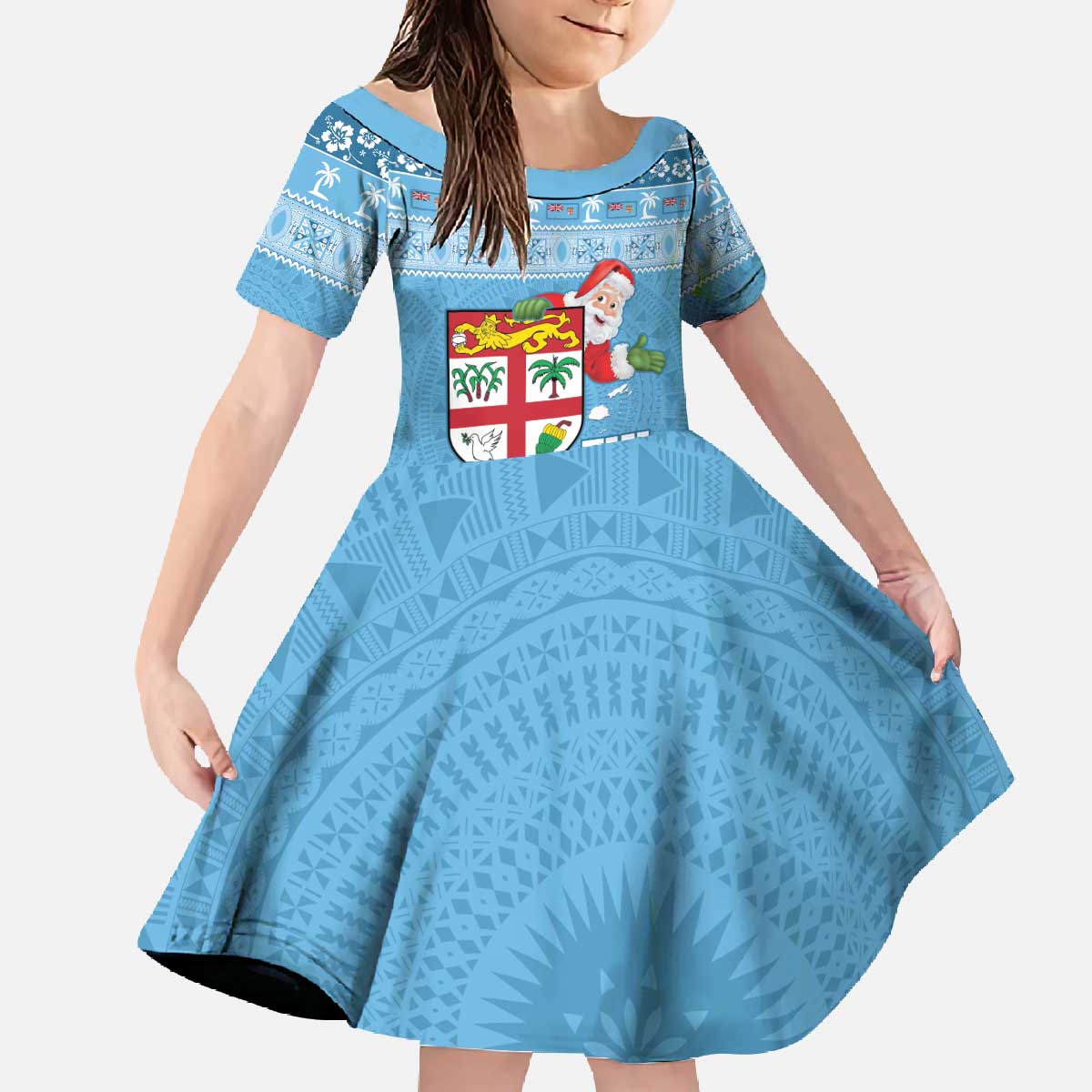 Fiji Christmas Family Matching Off The Shoulder Long Sleeve Dress and Hawaiian Shirt Fijian Masi Marau na Kerisimasi! - Blue LT14 Daughter's Dress Blue - Polynesian Pride