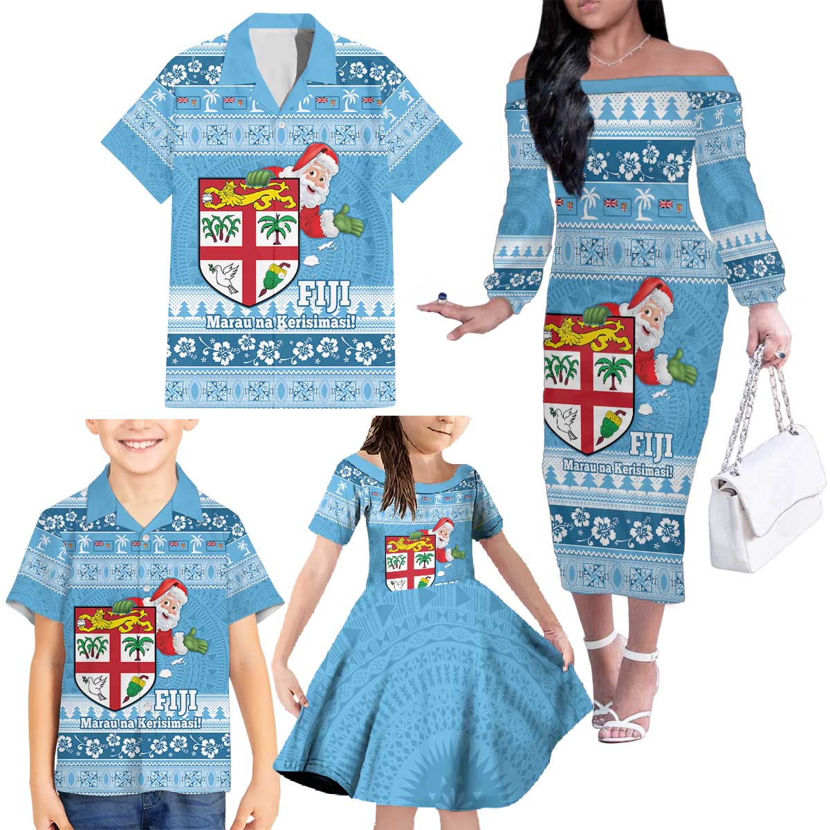 Fiji Christmas Family Matching Off The Shoulder Long Sleeve Dress and Hawaiian Shirt Fijian Masi Marau na Kerisimasi! - Blue LT14 - Polynesian Pride