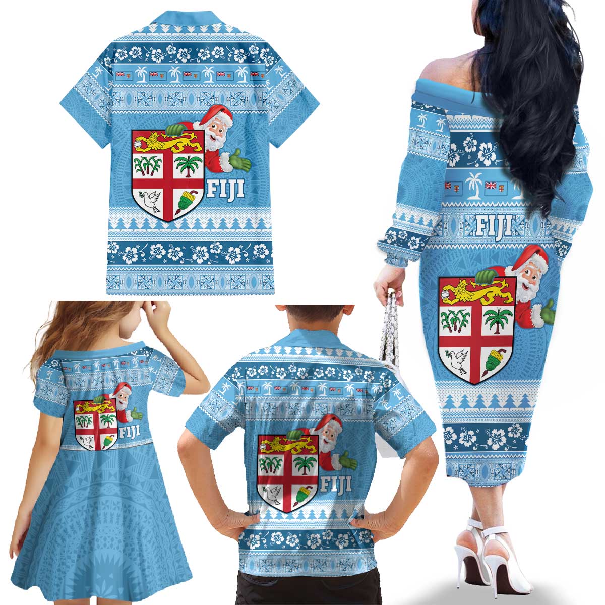 Fiji Christmas Family Matching Off The Shoulder Long Sleeve Dress and Hawaiian Shirt Fijian Masi Marau na Kerisimasi! - Blue LT14 - Polynesian Pride