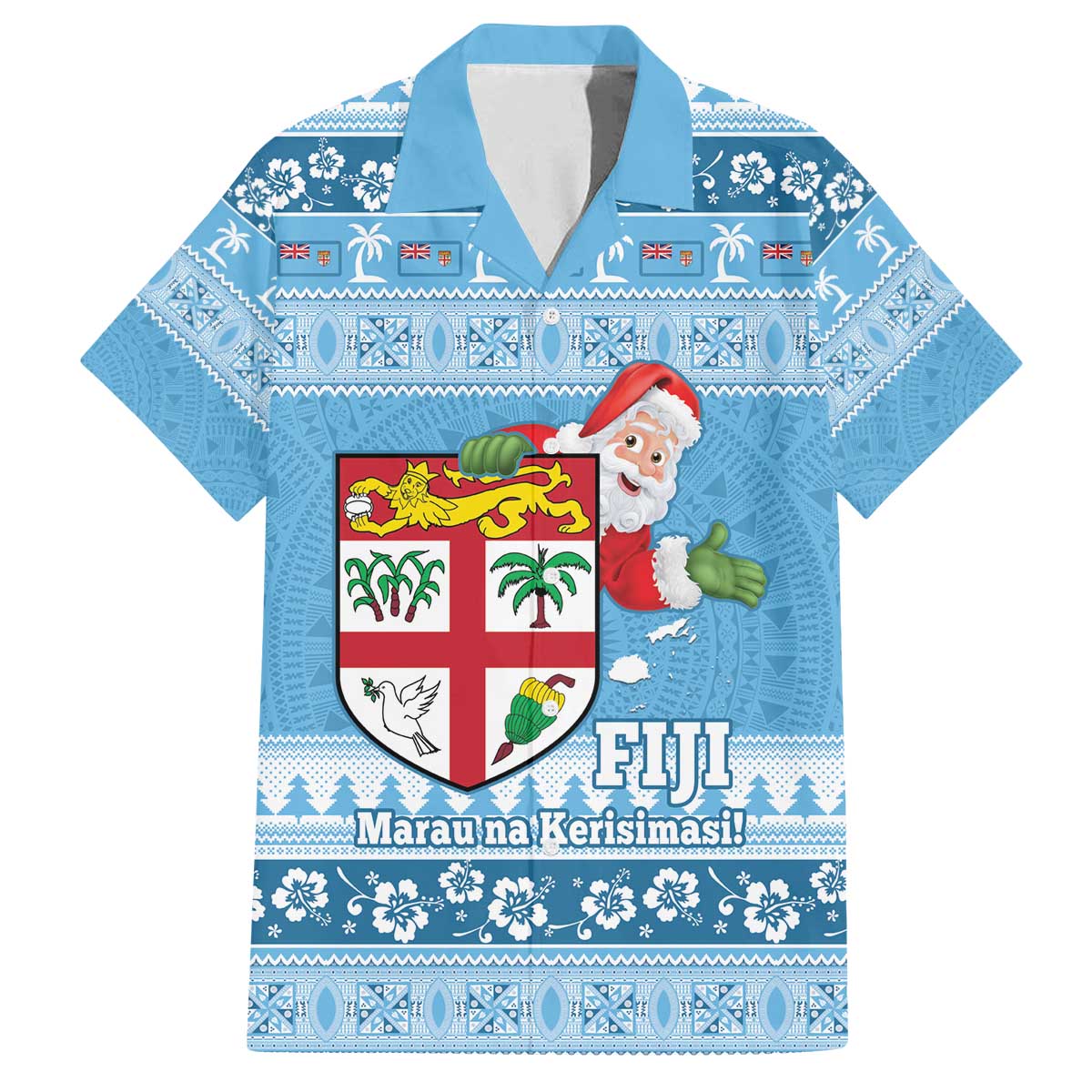 Fiji Christmas Family Matching Off The Shoulder Long Sleeve Dress and Hawaiian Shirt Fijian Masi Marau na Kerisimasi! - Blue LT14 Dad's Shirt - Short Sleeve Blue - Polynesian Pride