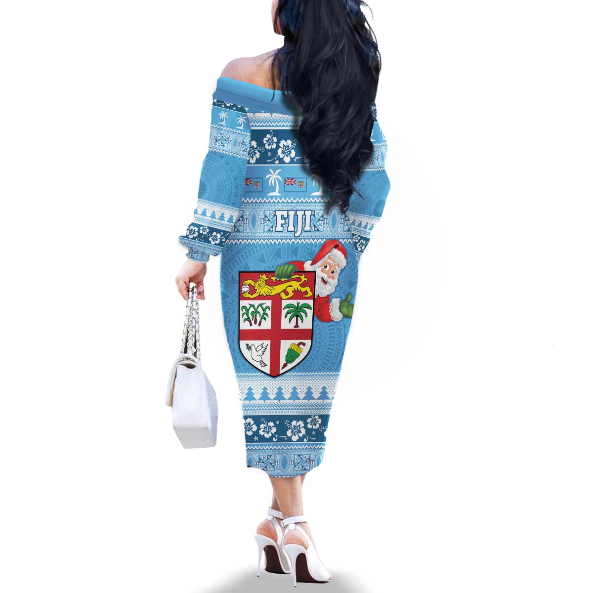 Fiji Christmas Family Matching Off The Shoulder Long Sleeve Dress and Hawaiian Shirt Fijian Masi Marau na Kerisimasi! - Blue LT14 - Polynesian Pride