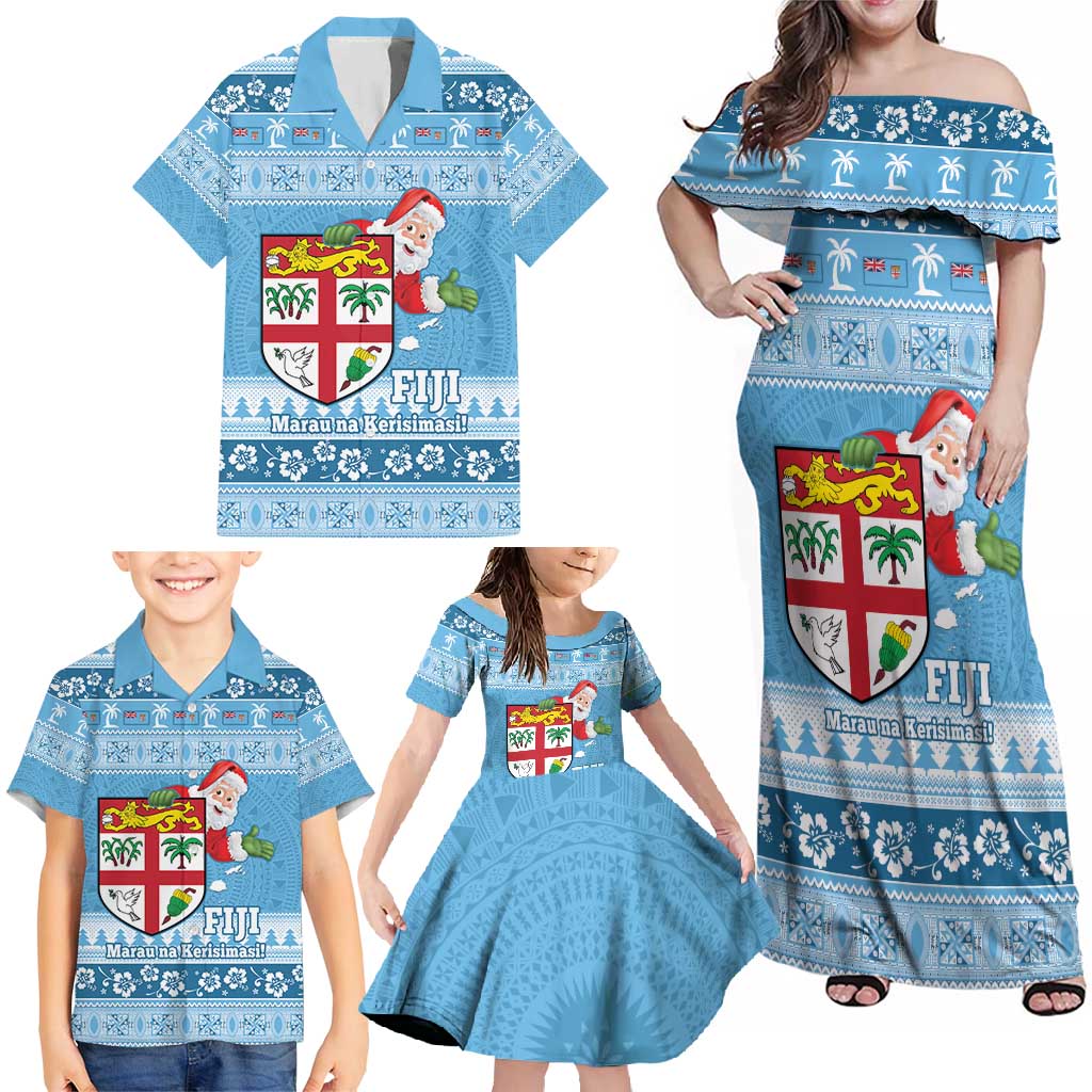 Fiji Christmas Family Matching Off Shoulder Maxi Dress and Hawaiian Shirt Fijian Masi Marau na Kerisimasi! - Blue LT14 - Polynesian Pride