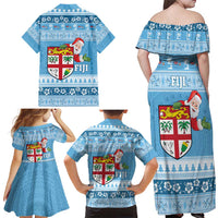 Fiji Christmas Family Matching Off Shoulder Maxi Dress and Hawaiian Shirt Fijian Masi Marau na Kerisimasi! - Blue LT14 - Polynesian Pride
