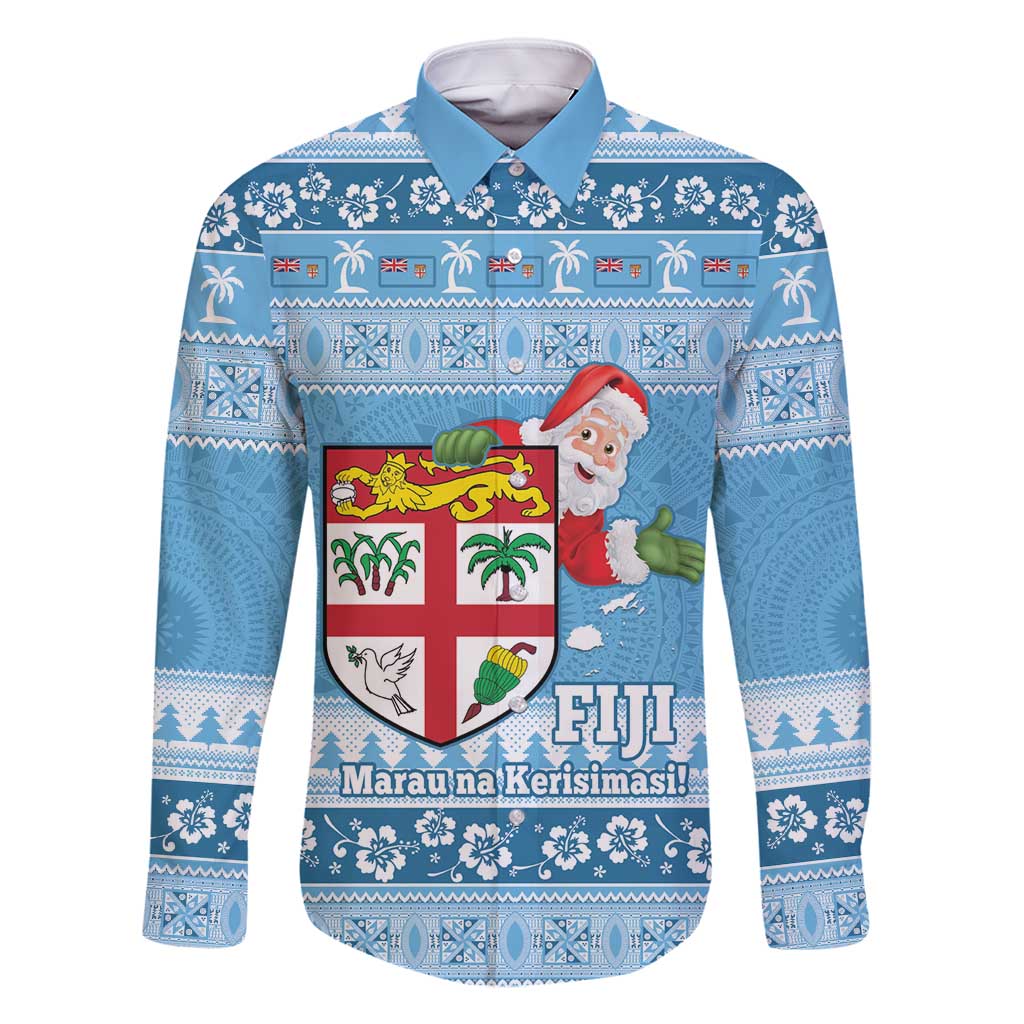 Fiji Christmas Family Matching Off Shoulder Maxi Dress and Hawaiian Shirt Fijian Masi Marau na Kerisimasi! - Blue LT14 Dad's Shirt - Long Sleeve Blue - Polynesian Pride