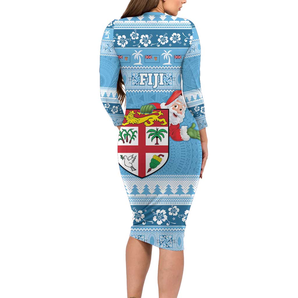 Fiji Christmas Long Sleeve Bodycon Dress Fijian Masi Marau na Kerisimasi! - Blue
